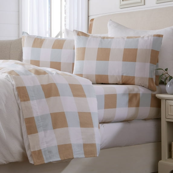 Great Bay Home Turkish Cotton Printed Flannel Sheet Set (Twin, Buffalo Check - Soft Taupe / Pale Blue)