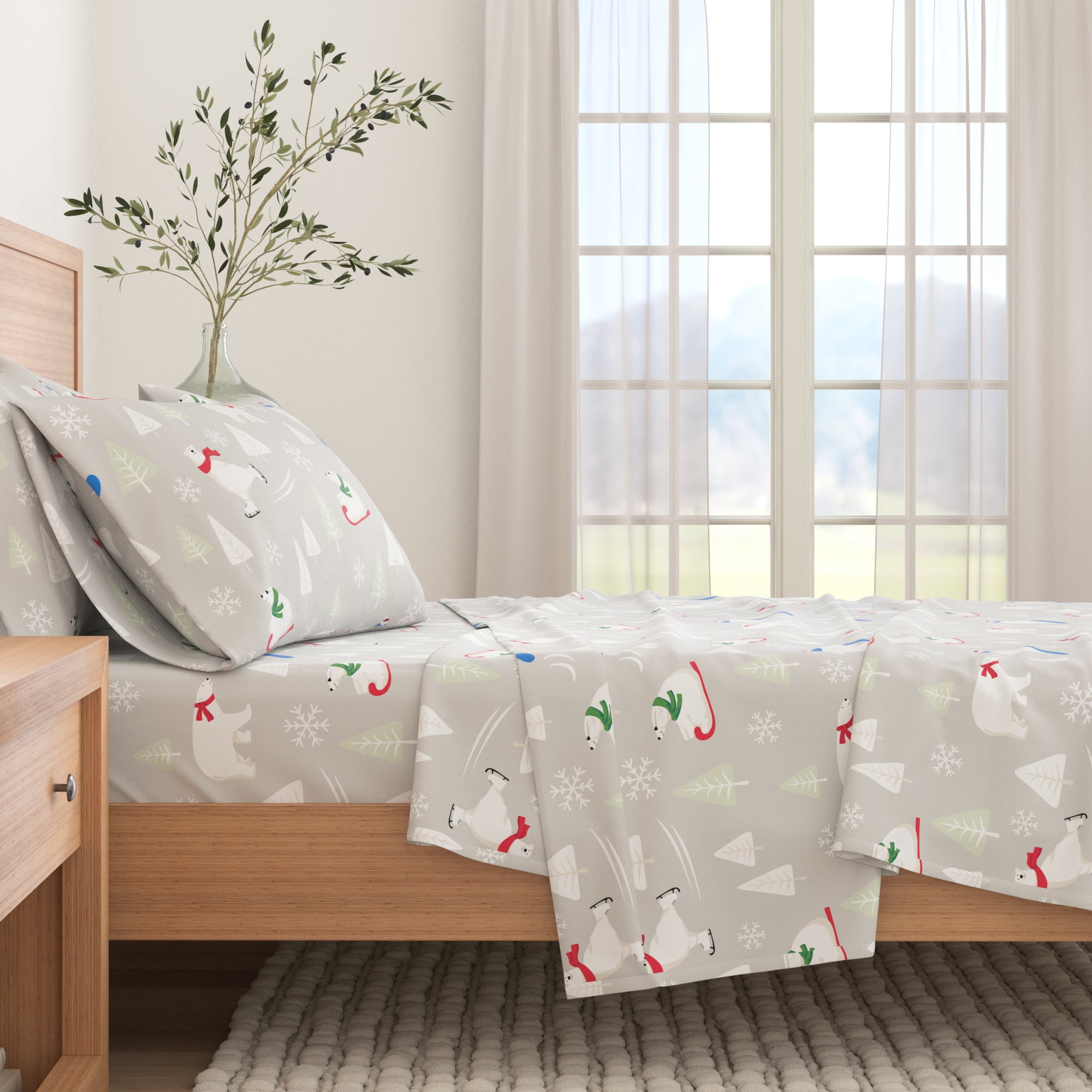 Twin Gray Cotton Flannel Sheet Set with Polar Bear Print