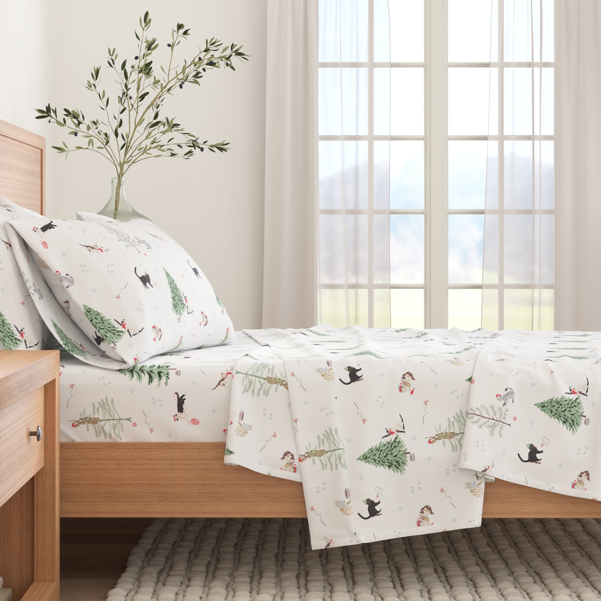 Winter Cats Blue Cotton Flannel Twin Sheet Set