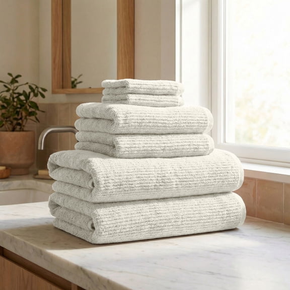 Great Bay Home Turkish Cotton Ribbed Texture 6 Piece Towel Set, Cream