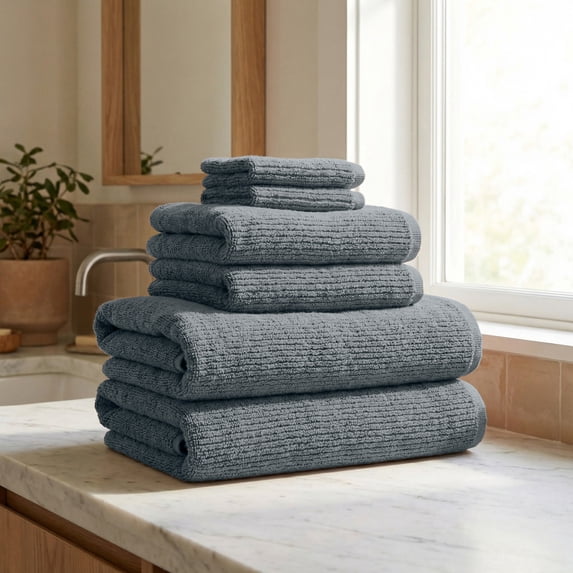 Great Bay Home Turkish Cotton Ribbed Texture 6 Piece Towel Set, Midnight Tide