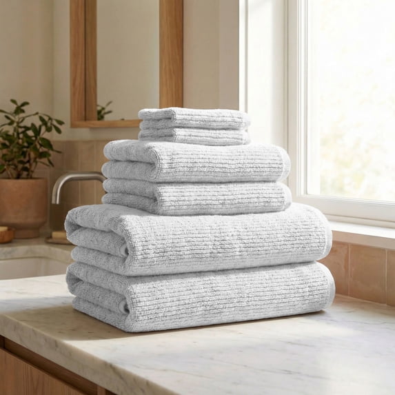 Great Bay Home Turkish Cotton Ribbed Texture 6 Piece Towel Set, White