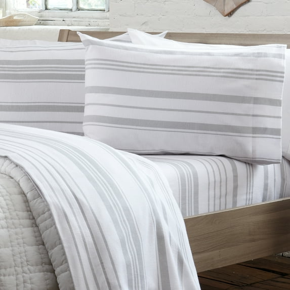 Great Bay Home Turkish Cotton Solid Flannel Sheet Set (Twin, Soft Grey - Stripe)