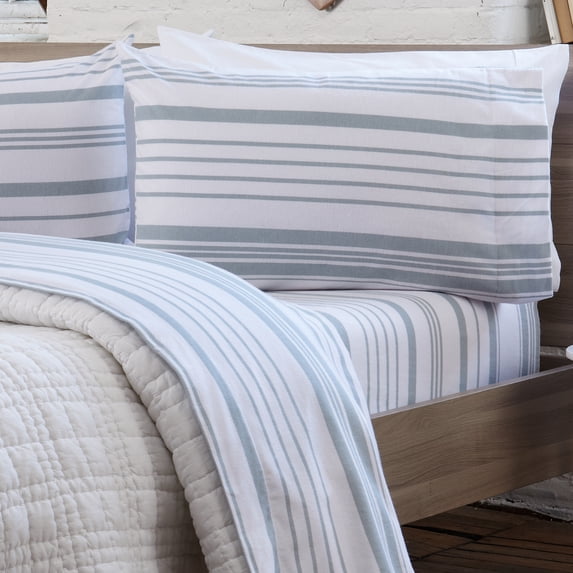 Great Bay Home Turkish Cotton Solid Flannel Sheet Set (Twin XL, Soft Blue - Stripe)