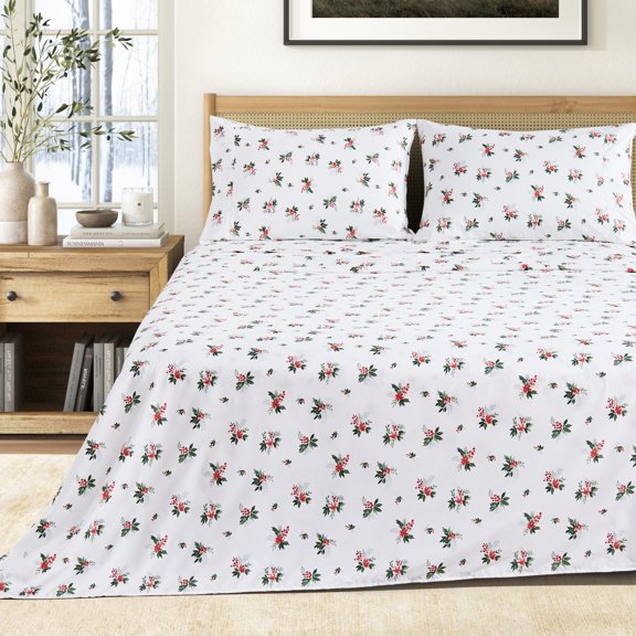 Great Bay Home Ultra-Soft Printed Microfiber Sheet Set (Twin, Holiday Sprig)