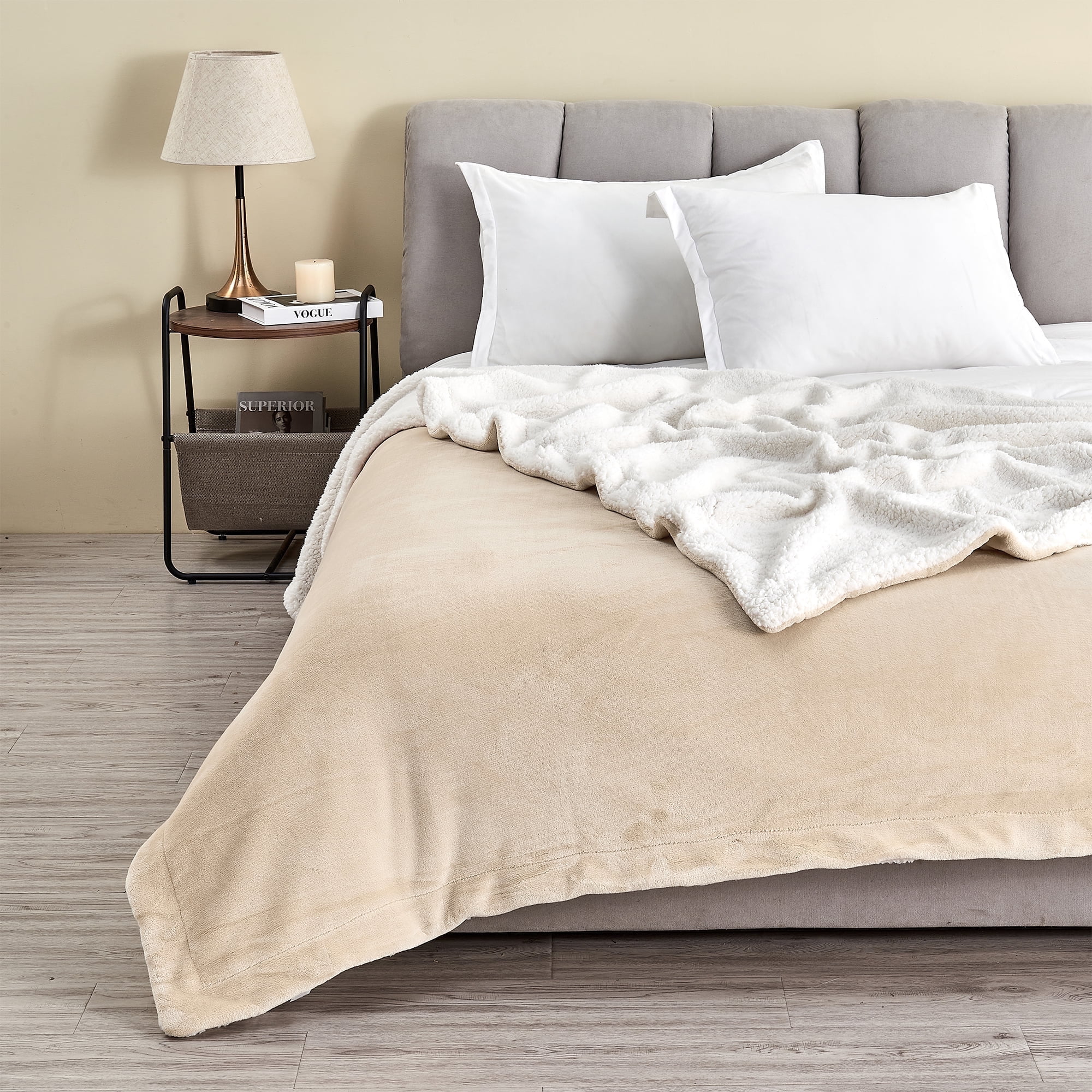 Velvet Plush Soft Fleece Reversible Throw, Warm and Comfortable Bed Blanket - Great Bay Home (Full Queen, Tan)