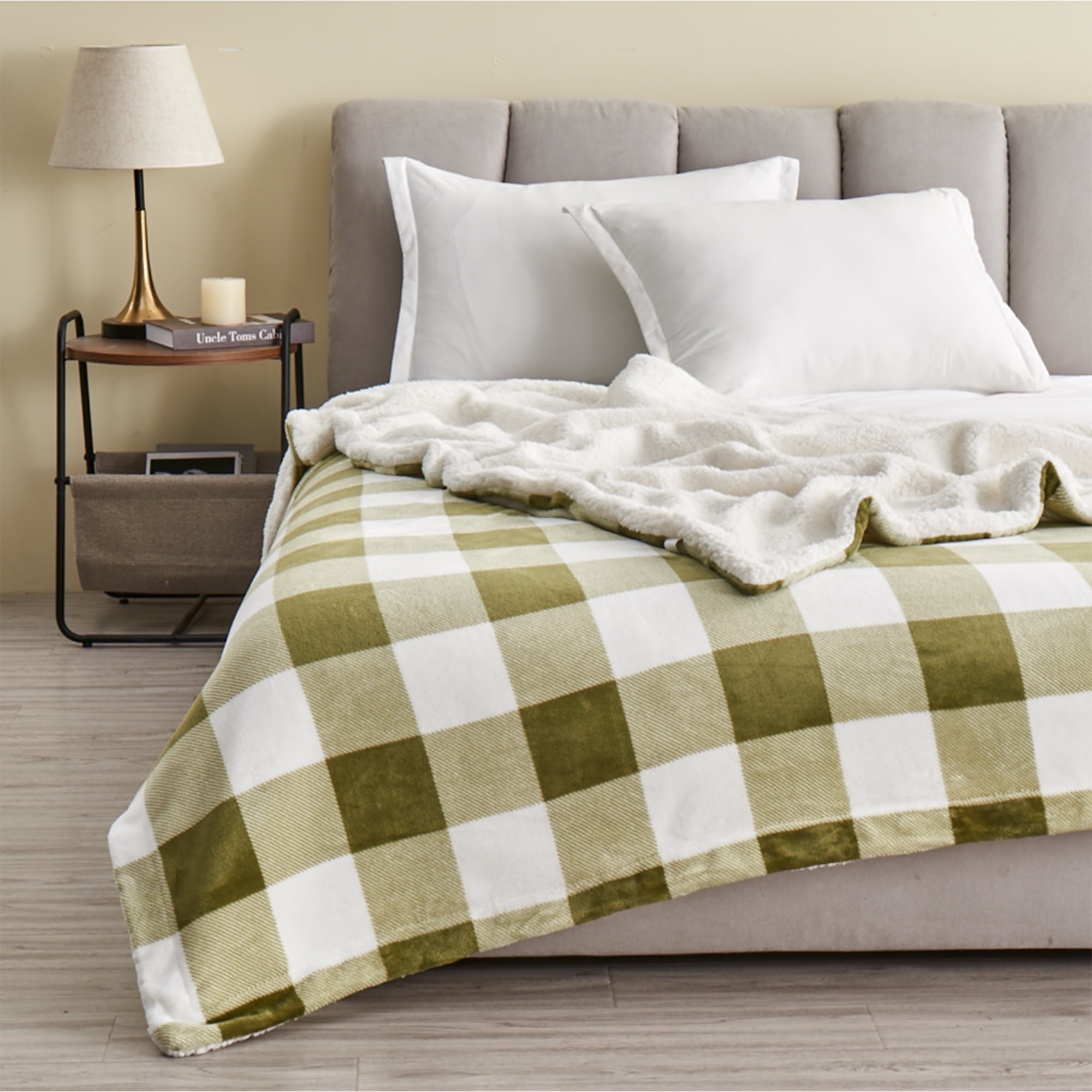 Great Bay Home Cozy Plush / Sherpa Reversible Throw Blanket, King, Olive Green Buffalo Check