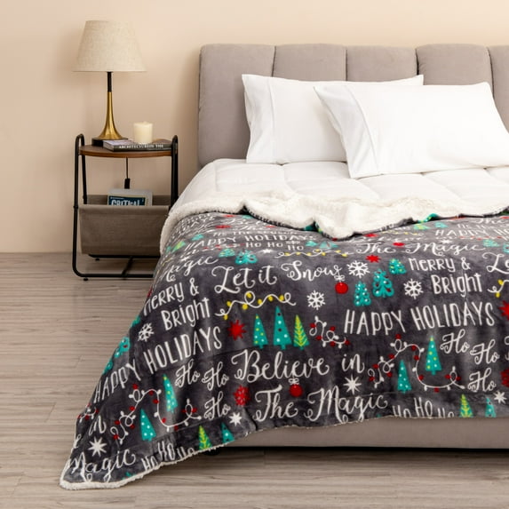 Great Bay Home Velvet Plush Fleece Reversible Sherpa Warm and Cozy Holiday Throw (50" x 60" Throw, Believe Magic)