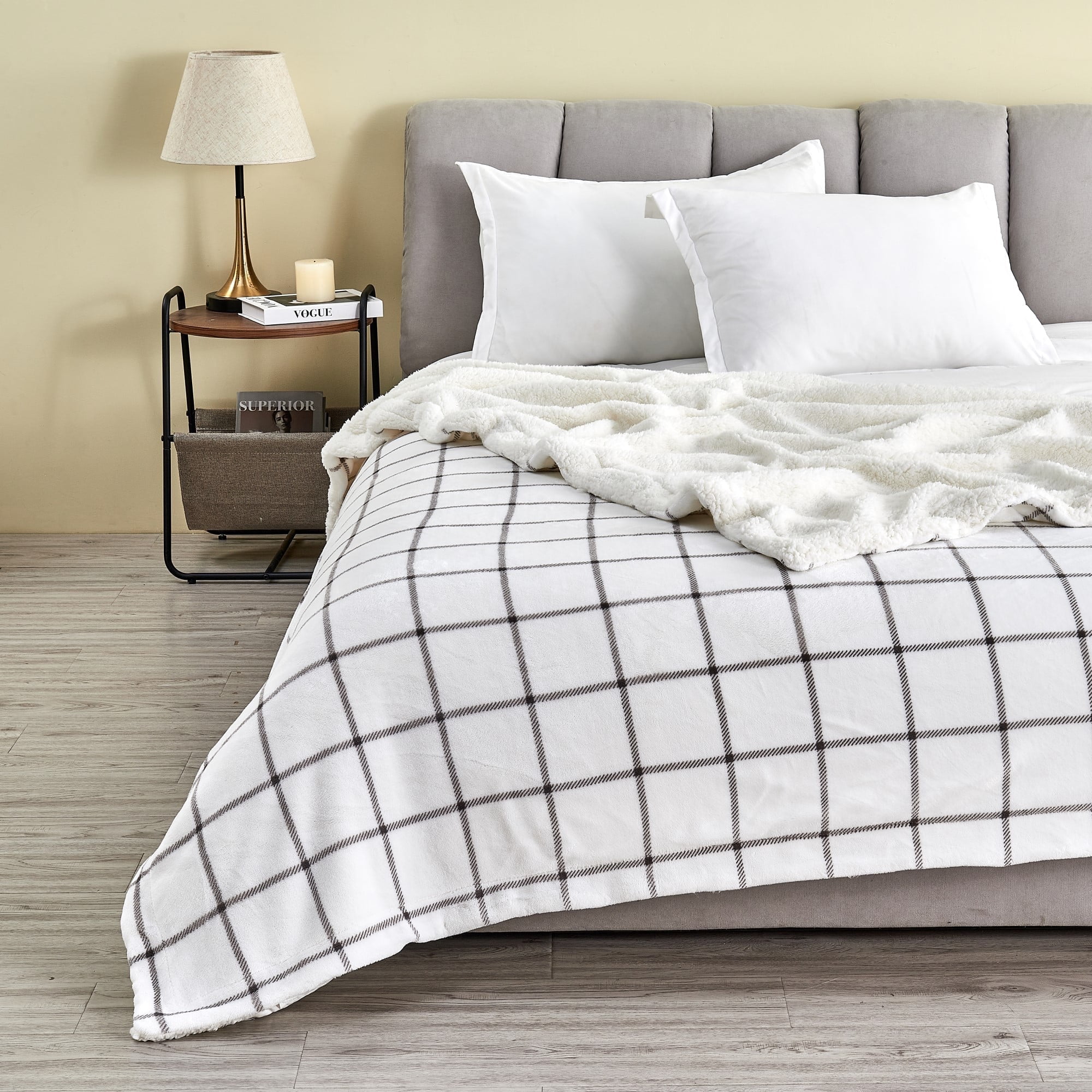 Grey Windowpane Sherpa Fleece Reversible Throw Blanket