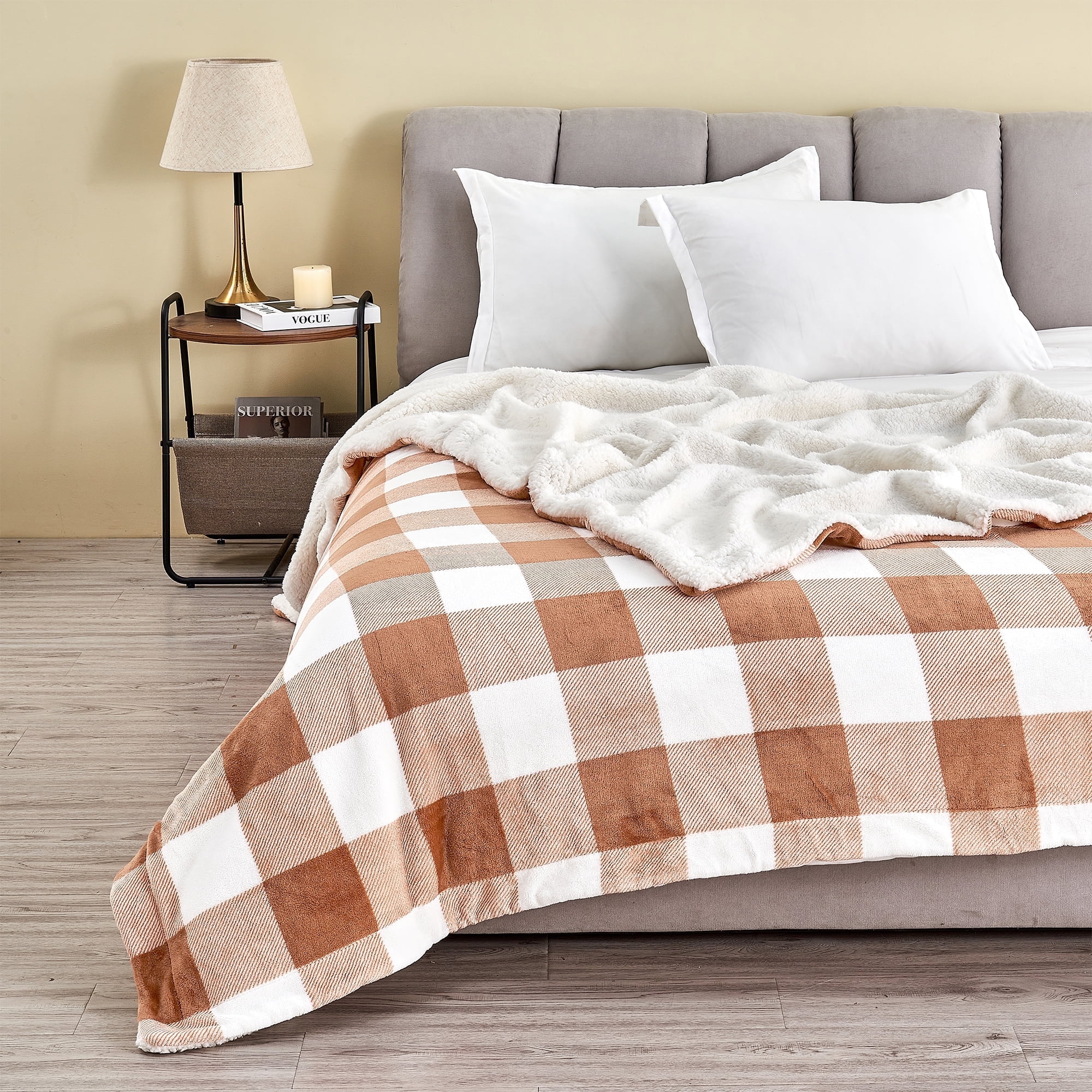 Terracotta Buffalo Check Fleece and Sherpa Reversible Throw Blanket