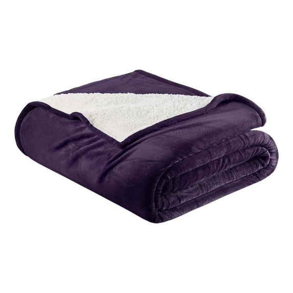 Great Bay Home Velvet Plush Sherpa Fleece Reversible Blanket, Queen, Plum