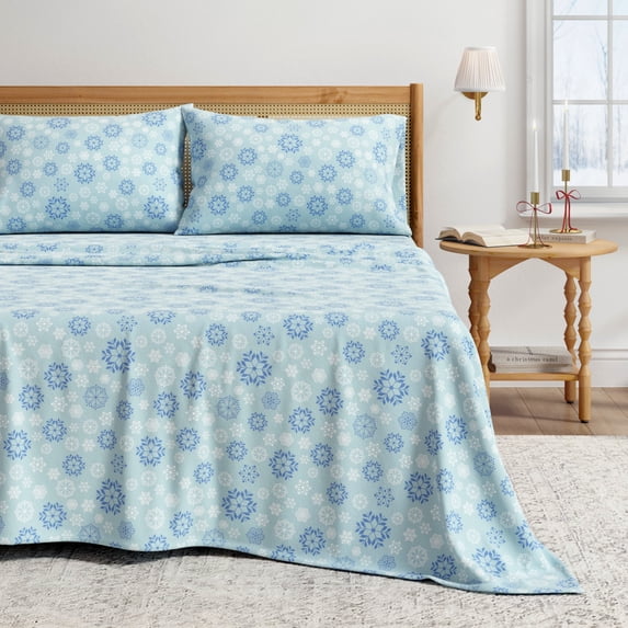Great Bay Home 4-Piece 100% Turkish Cotton Flannel Sheet Set, California King, Blue Snowflake