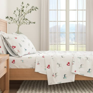 Great Bay Home Winter Flannel Sheet Set - 100% Turkish Cotton - Double Brushed - Full, Pups in the Snow