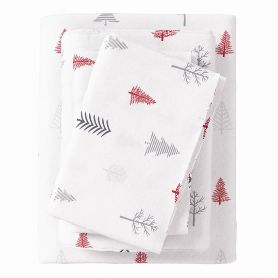 Great Bay Home Lodge Flannel Sheet Set - 100% Turkish Cotton - Double Brushed - Full, Winter Trees - Red