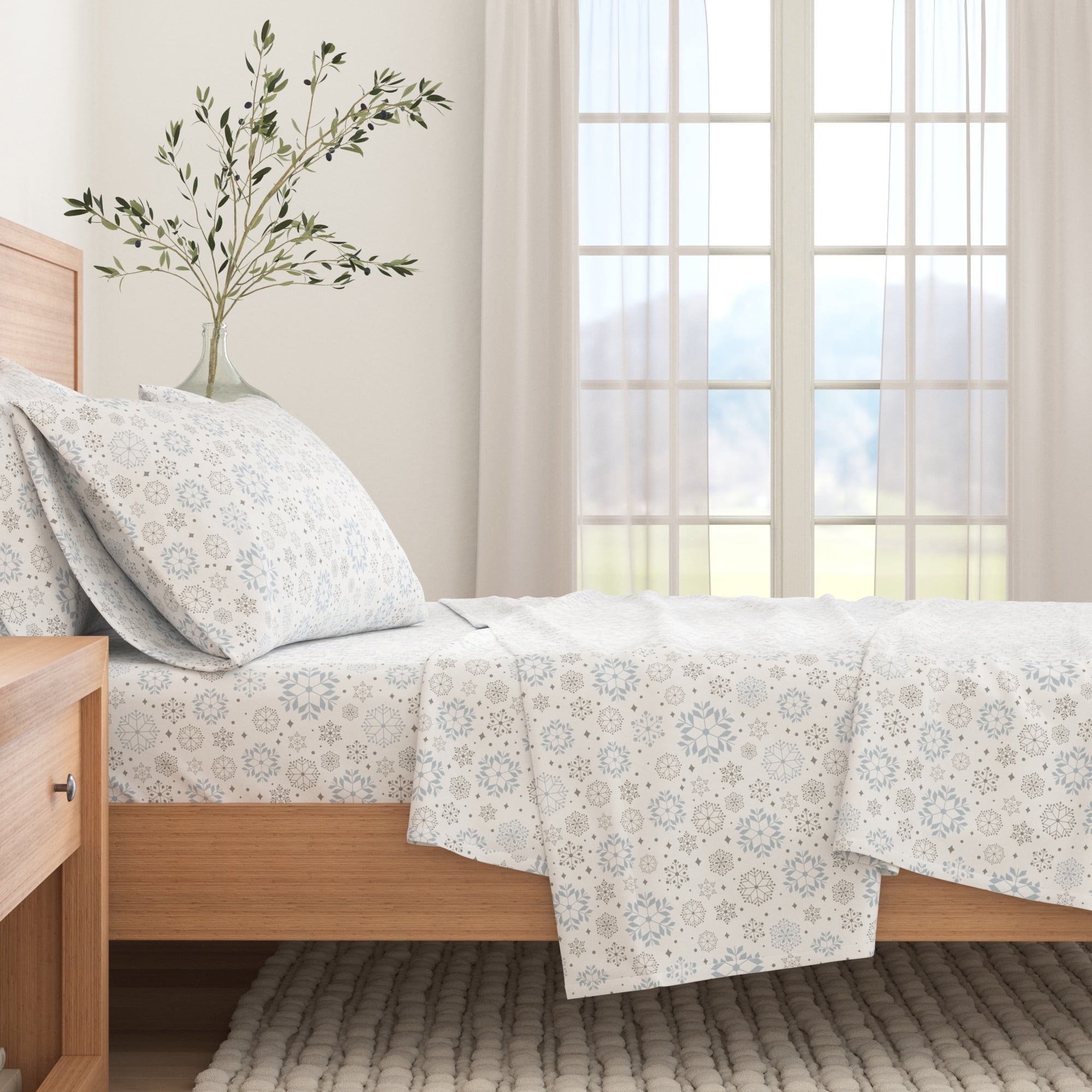 Twin White Cotton Flannel Sheet Set with Snowflakes Print