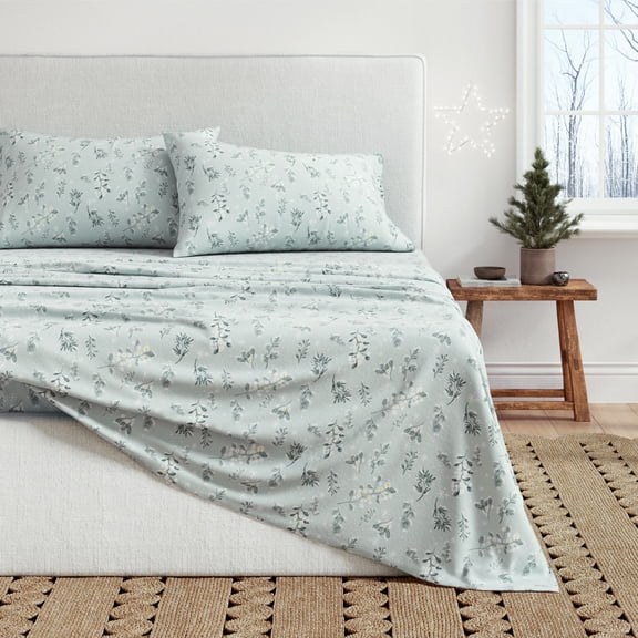 Great Bay Home Winter Floral Flannel Sheet Set - 100% Turkish Cotton - Double Brushed - Twin, Snowy Botanical
