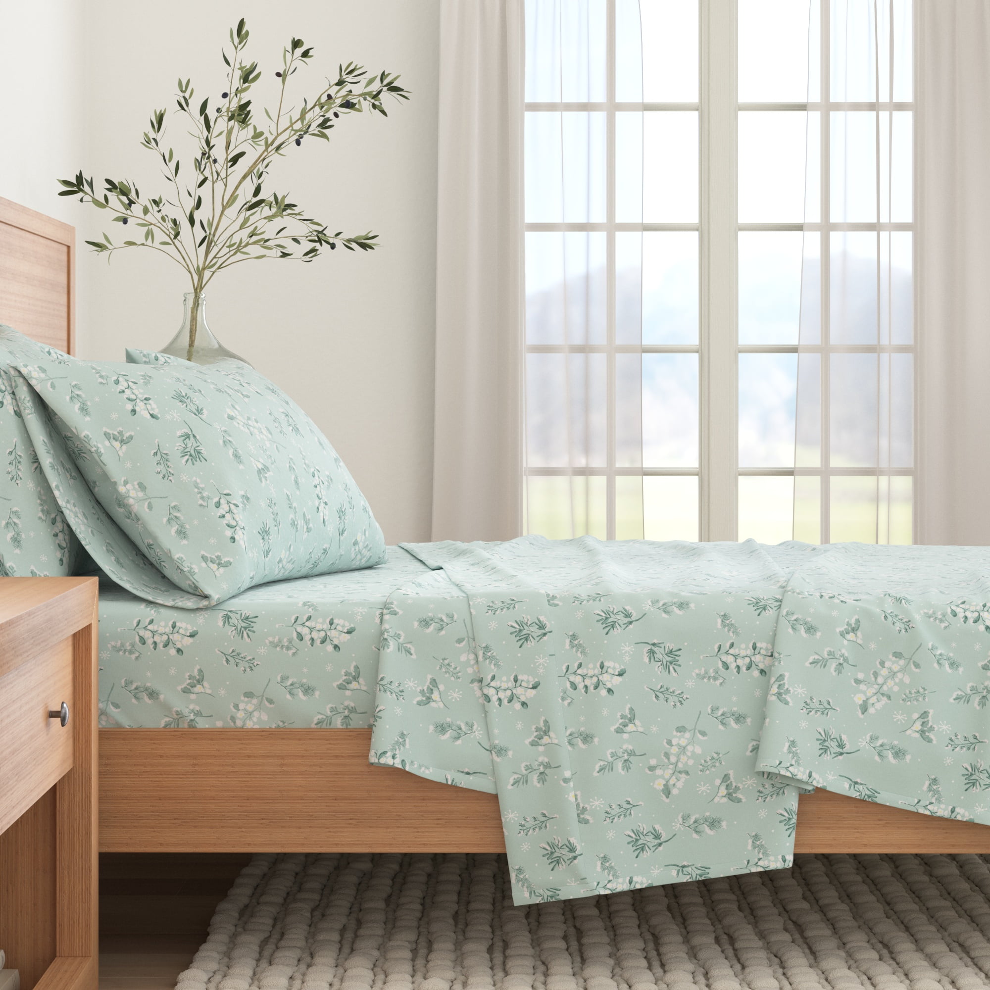 Twin Snowy Botanical Cotton Flannel Sheet Set
