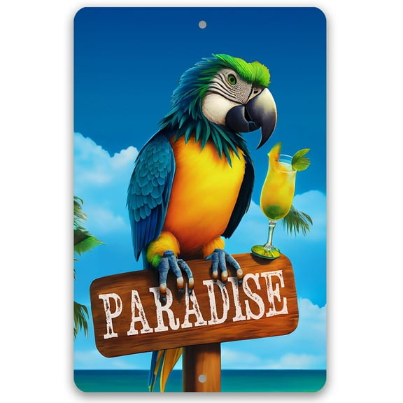 Great Beach and Nautical Decor, Beach House and Summer Surfing Decoration, Beach Themed Display, Sea Shells Cool Home Print, Use Indoor or Outdoor Metal Sign (12" x 18", Paradise Parrot)