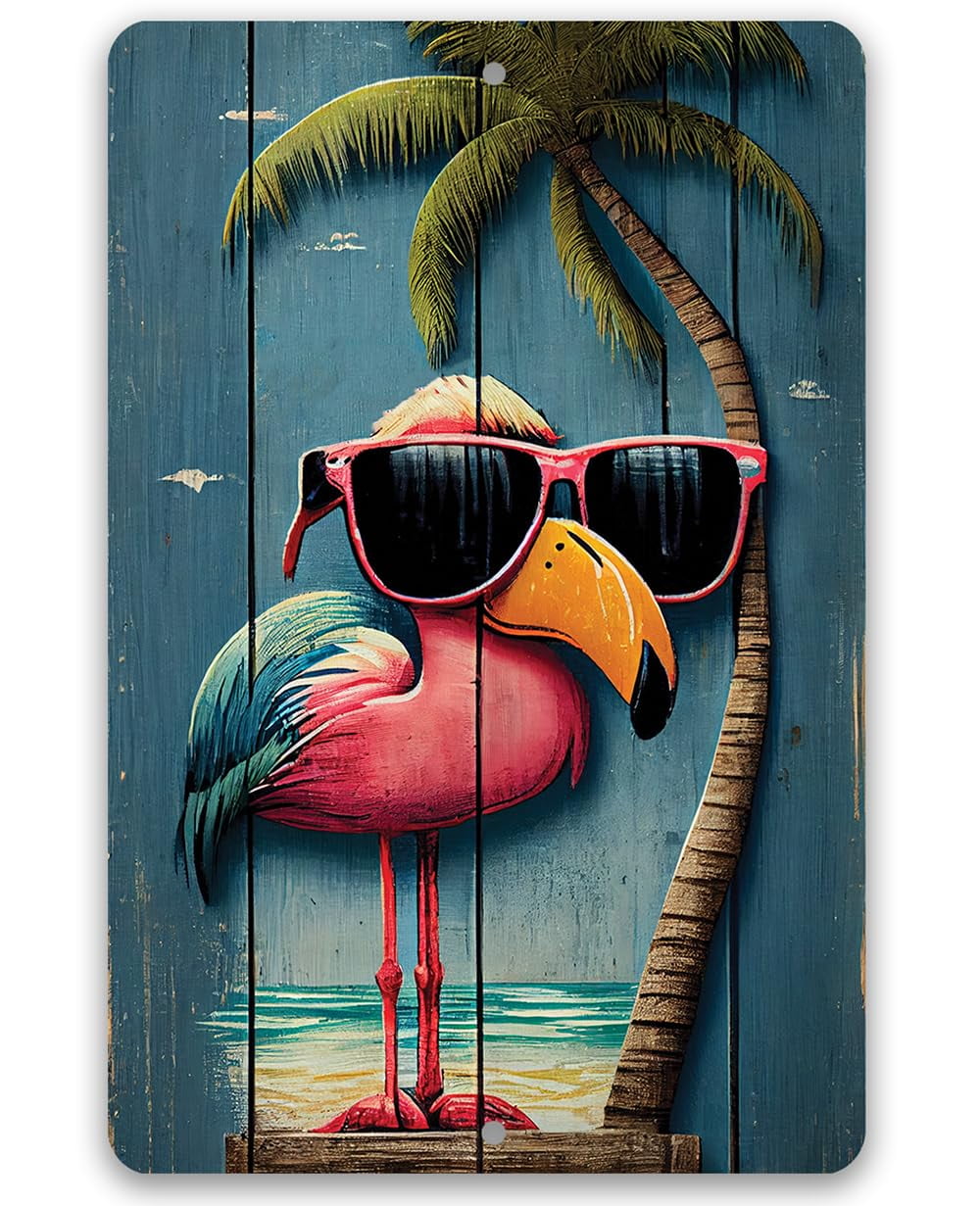 Great Beach and Nautical Decor, Beach House and Summer Surfing Decoration, Beach Themed Display, Sea Shells Cool Home Print, Use Indoor or Outdoor Metal Sign (8" x 12", Life's a Beach Flamingo)