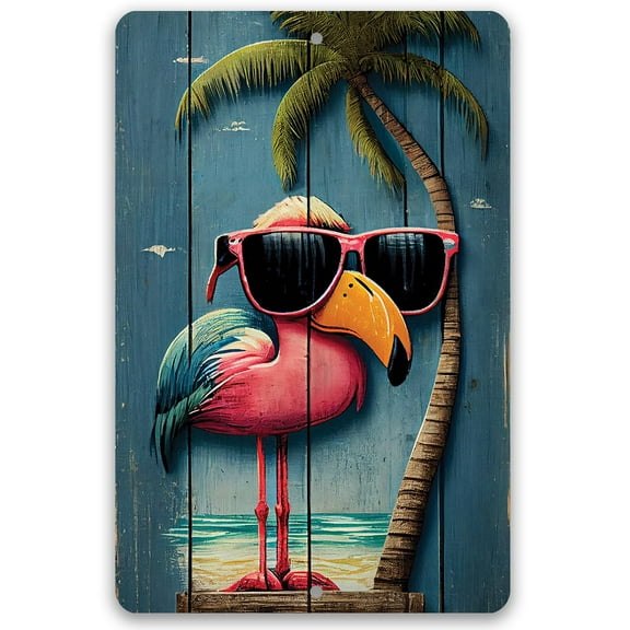 Great Beach and Nautical Decor, Beach House and Summer Surfing Decoration, Beach Themed Display, Sea Shells Cool Home Print, Use Indoor or Outdoor Metal Sign (8" x 12", Life's a Beach Flamingo)