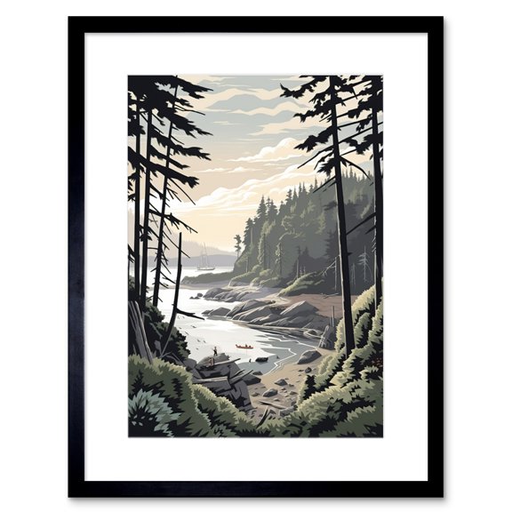 Great Bear Rainforest Hikers Coastal Landscape Artwork Framed Wall Art Print 9X7 Inch