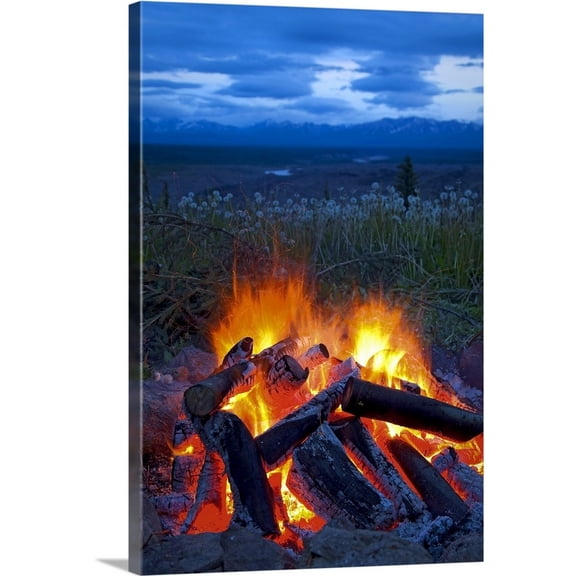Great Big Canvas "Close up view of a camp fire with a view of the Chugach Mountain in the distance"  by Sunny Awazahura-Reed Black Burgundy   Wrapped Canvas Print Wall Artwork