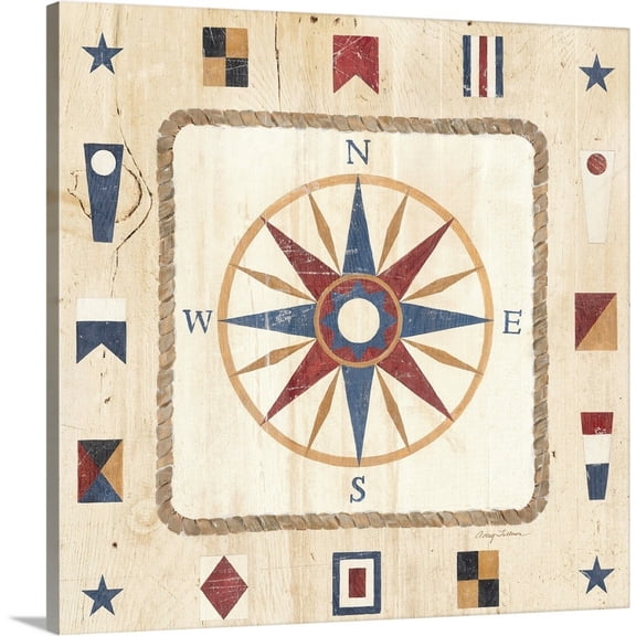 Great Big Canvas "Compass Rose"  by Avery Tillmon Gray Blue Burgundy coastal  Wrapped Canvas Print Wall Artwork