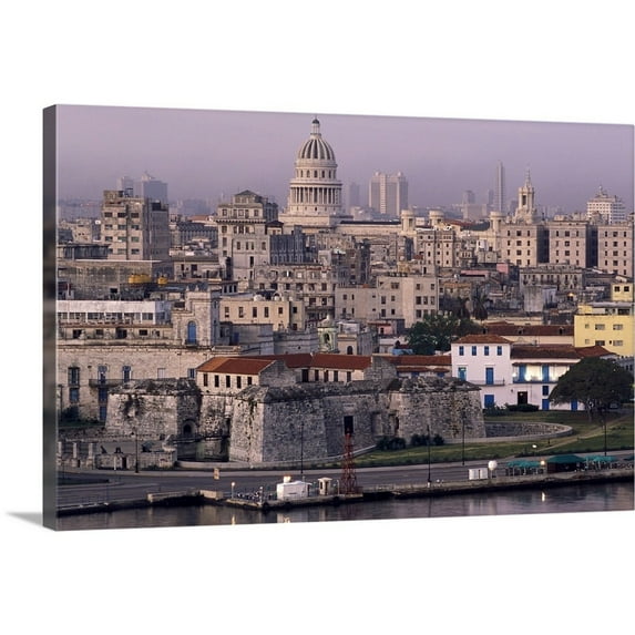 Great Big Canvas "Cuba, old Havana, cityscape at dusk" by Gavriel Jecan Light Gray Peach Wrapped Canvas Print Wall Artwork