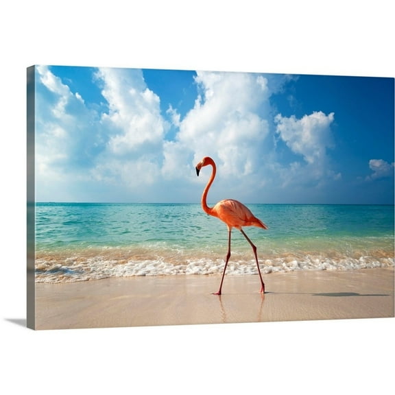 Great Big Canvas "Flamingo Walking Along Beach"  by Ian Cumming White Light Gray Blue   Wrapped Canvas Print Wall Artwork
