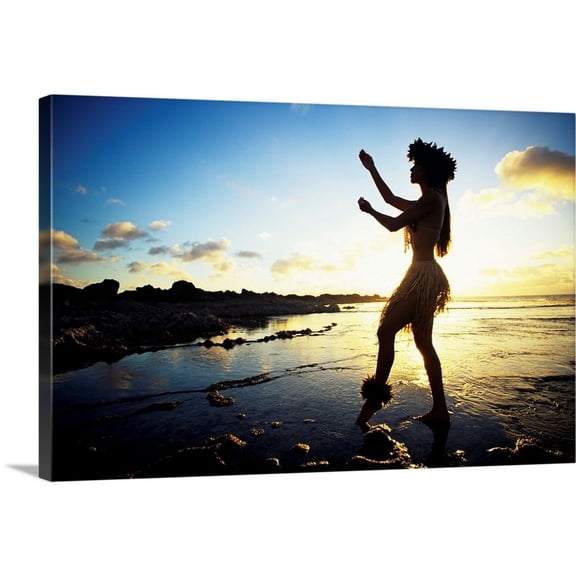 Great Big Canvas "Hawaii, Female Hula Dancer On Beach, Silhouetted By Sunset" by Vince Cavataio Peach Muted Blue Wrapped Canvas Print Wall Artwork