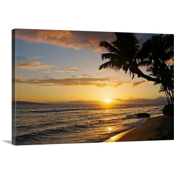 Great Big Canvas "Hawaii, Maui, Kaanapali Resort, Sunset With Beach And Palm Trees" by Greg Vaughn Peach Brown Wrapped Canvas Print Wall Artwork