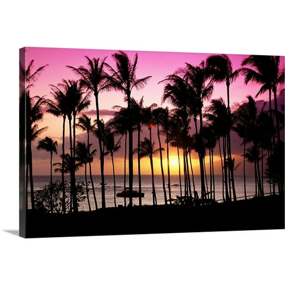 Great Big Canvas "Hawaii, Maui, Kapalua Bay, Tropical Sunset, Palms Silhouette"  by Bill Schildge Silver Light Yellow   Wrapped Canvas Print Wall Artwork
