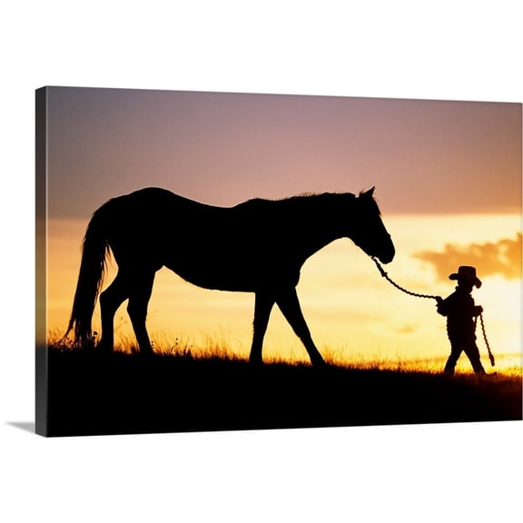 Great Big Canvas "Hawaii, Silhouette Of Boy Leading Horse Along Grassy Hillside At Sunset" by Ron Dahlquist Peach Orange Wrapped Canvas Print Wall Artwork
