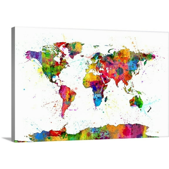 Great Big Canvas "Map of the World Map Watercolor"  by Michael Tompsett Forest Green Plum   Wrapped Canvas Print Wall Artwork