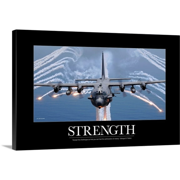 Great Big Canvas "Military Motivational Poster:  An AC-130H Gunship aircraft jettisons flares"  by Kate Lillyson Black Muted Blue   Wrapped Canvas Print Wall Artwork