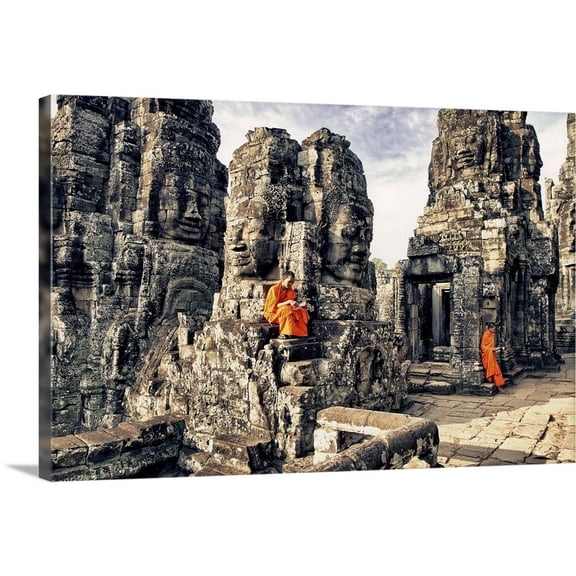 Great Big Canvas "Monk boys reading on the Bayon Temple, Angkor Wat, Cambodia"  by Scott Stulberg Burgundy White   Wrapped Canvas Print Wall Artwork