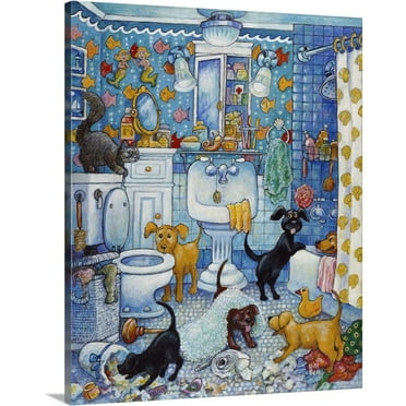 Great Big Canvas "More Bathroom Pups"  by Bill Bell Light Gray Blue Black   Wrapped Canvas Print Wall Artwork