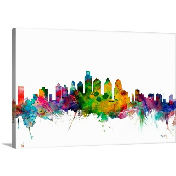 Great Big Canvas "Philadelphia Pennsylvania Skyline"  by Michael Tompsett Orange Teal   Wrapped Canvas Print Wall Artwork