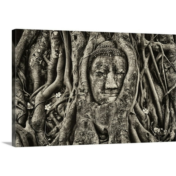 Great Big Canvas "Buddha Head in Tree Roots, Wat Mahathat, Ayutthaya, Thailand" by Scott Stulberg Gray Silver Wrapped Canvas Print Wall Artwork