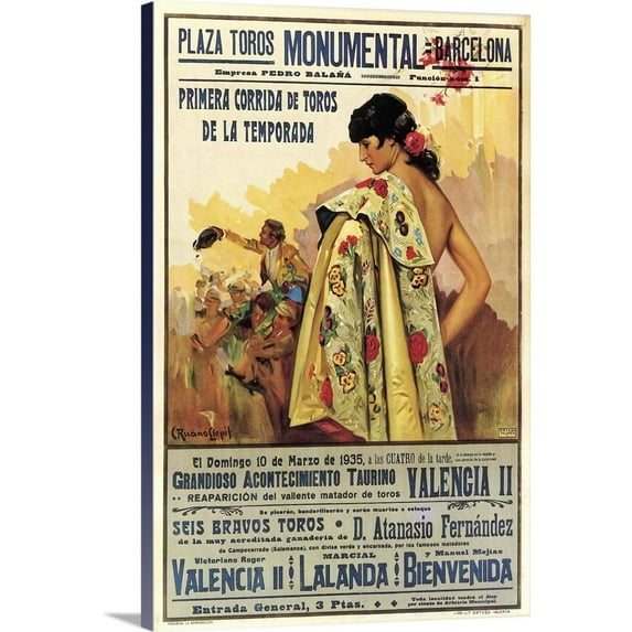 Great Big Canvas "Plaza de Toros, Barcelona - Vintage Entertainment Advertisement" by Vintage Apple Collection Brown Navy Blue Wrapped Canvas Print Wall Artwork