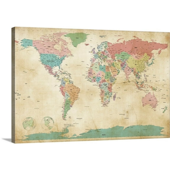 Great Big Canvas "Political Map of the World Map, Antique"  by Michael Tompsett Gray Black   Wrapped Canvas Print Wall Artwork