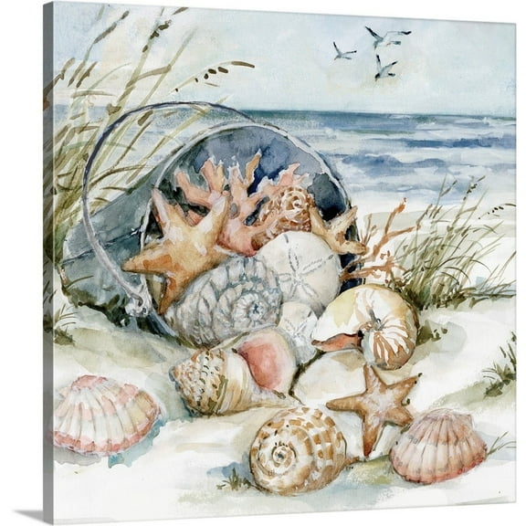 Great Big Canvas "Seaside Bottles & Shells"  by Susan Winget Peach Gray Blue   Wrapped Canvas Print Wall Artwork