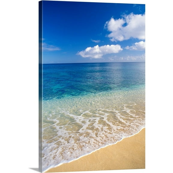 Great Big Canvas "Wave Washes Ashore Onto Sandy Beach, Azure Ocean, Blue Sky"  by Peter French Gray Blue White   Wrapped Canvas Print Wall Artwork