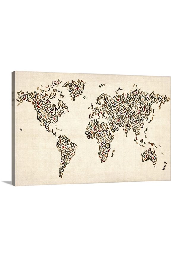"World map made up of shoes" by Michael Tompsett Black Gray Wrapped Canvas Print Wall Artwork