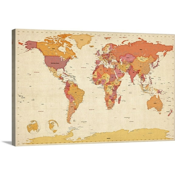 Great Big Canvas "World map showing latitude and longitude - orange"  by Michael Tompsett Peach Light Gray   Wrapped Canvas Print Wall Artwork