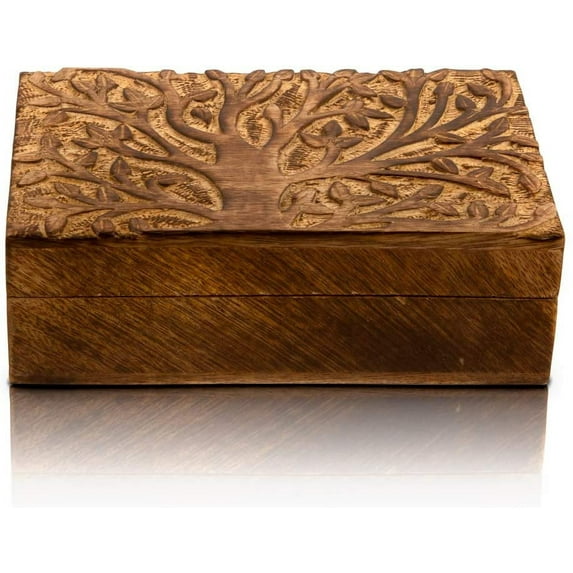 Great Birthday Gift Handmade Decorative Wooden Jewelry Box With Tree Of Life Carving Jewelry Organizer Keepsake Box Treasure Chest Trinket Holder Watch Box Storage Box 8 x 5 Inches Housewarming Gifts