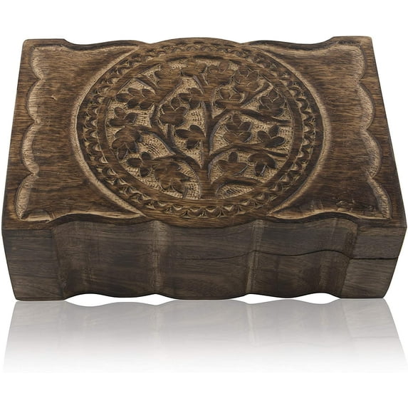 Great Birthday Gift Handmade Decorative Wooden Jewelry Box Tree Of Life Carving Jewelry Organizer Keepsake Box Treasure Chest Trinket Holder Watch Box Storage Lock Box 9 x 6 Inch Housewarming Gift