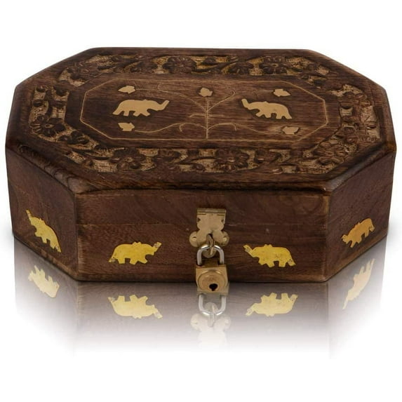 Great Birthday Gift Ideas Handmade Decorative Wooden Jewelry Box With Free Lock & Key Jewelry Organizer Keepsake Box Treasure Chest Trinket Holder Lock Box Watch Box 8 x 5 Inch