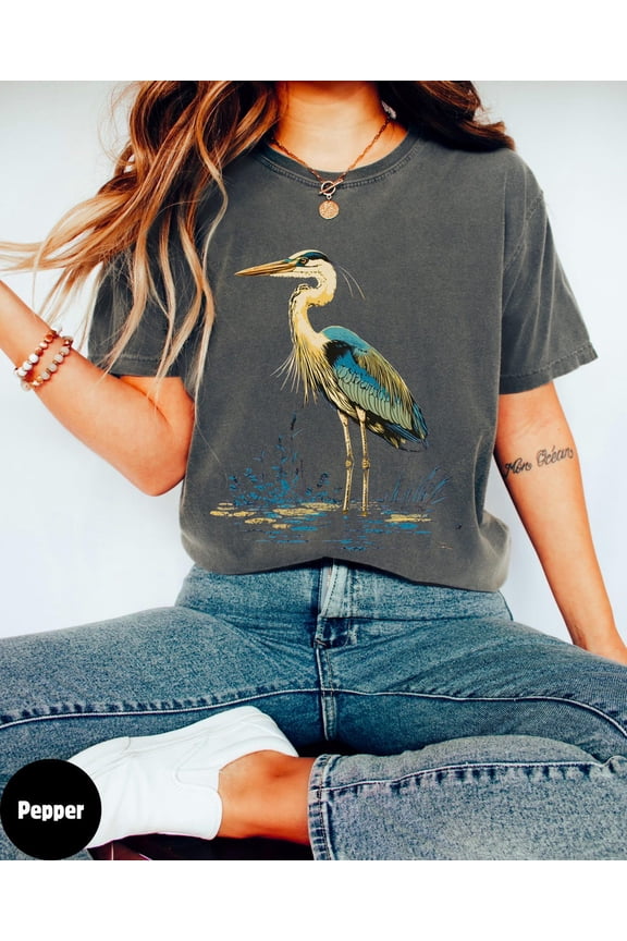 Great Blue Heron Bird Lover Shirt Hippy Clothes Folk Art Design Vintage Watching Birder T-Shirt