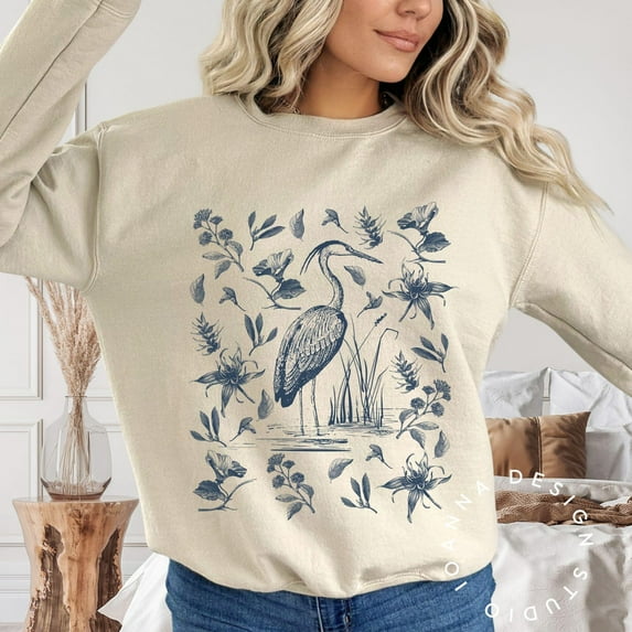 Great Blue Heron Floral sweatshirt Elegant Cottagecore Bird lover sweater Bird watcher nature lover Birthday for women girlfriend Tshirt All Size S-5XL